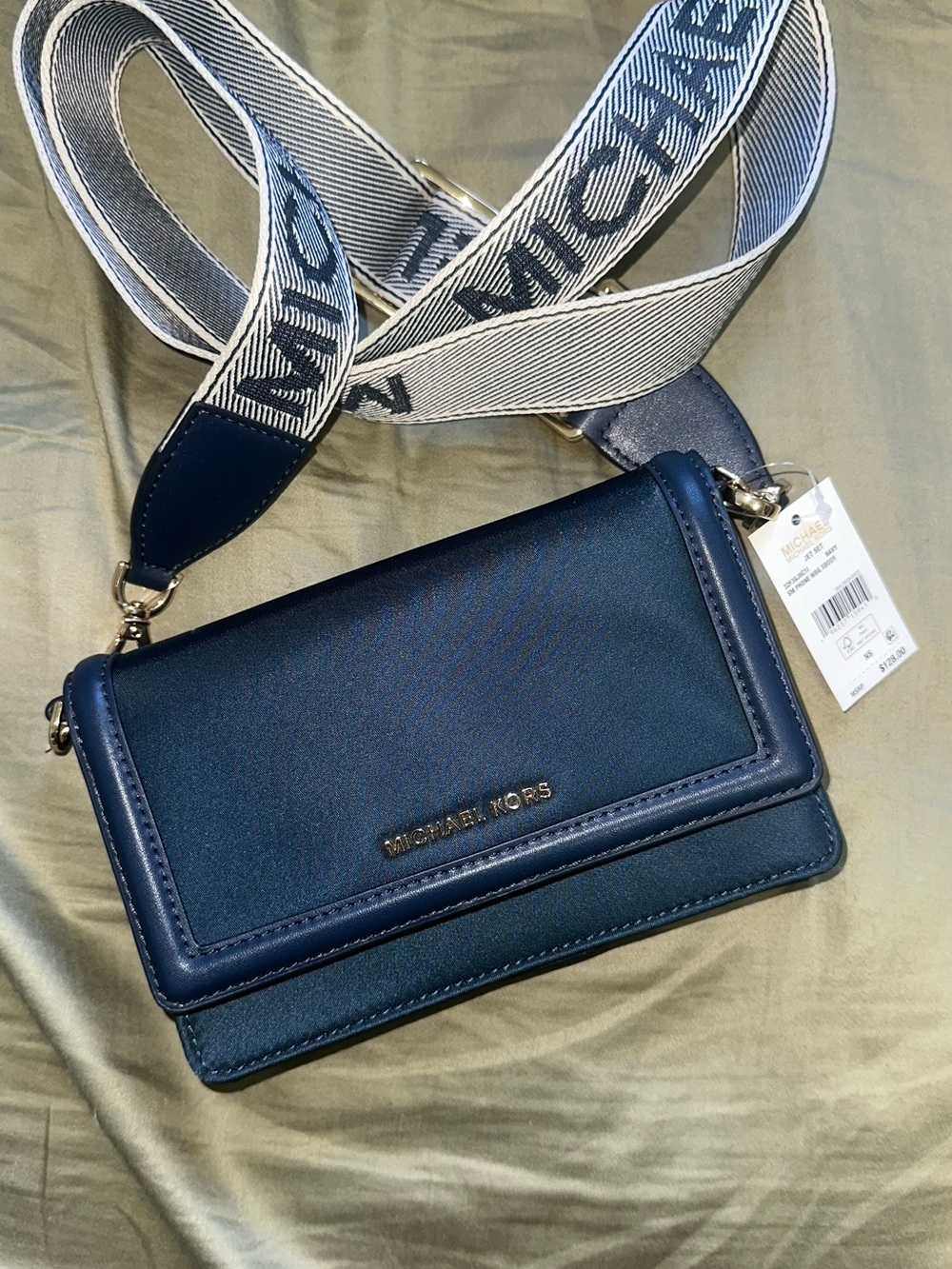 Michael Kors Navy Leather Crossbody with Branded Jacquard Strap
